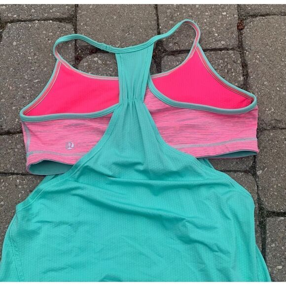 LULULEMON NO LIMITS green neon pink SPORT BRA layered TANK TOP sz 8 - Picture 5 of 7